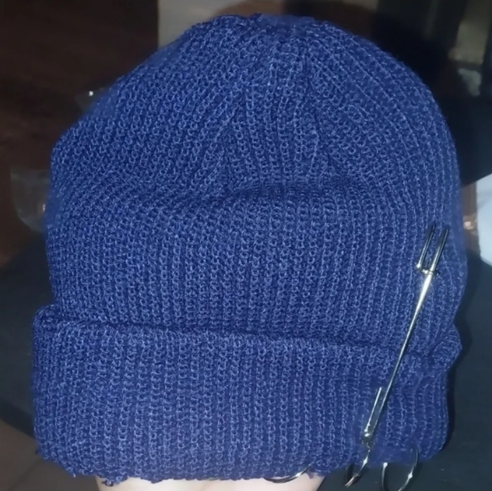Stylish Navy Blue Youth Beanie with Safety Pin Accents